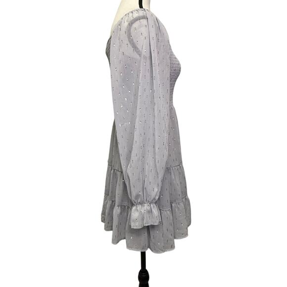 Altar’d State Smocked Babydoll Mini Dress Long Sleeve Silver Gold Dots Small - Picture 3 of 9